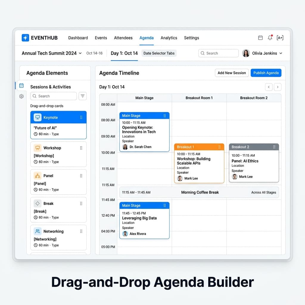 SwiftVenue drag-and-drop agenda builder interface