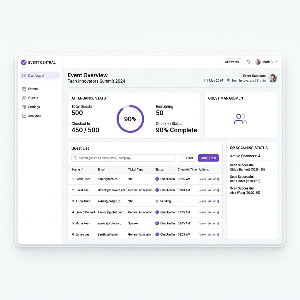 SwiftVenue check-in and QR scanner interface